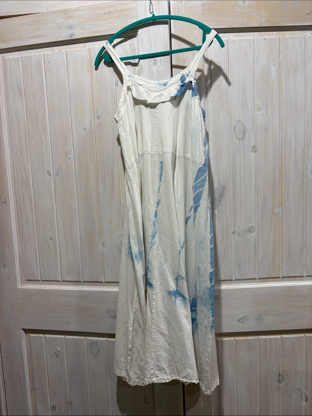 Cream Maxi Sundress with Blue Tie-Dye Accents